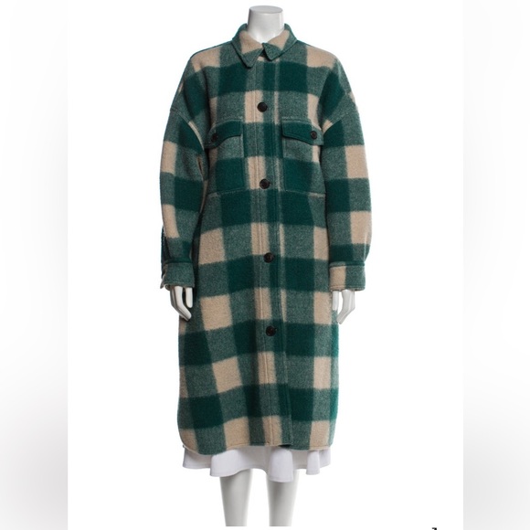 Stylish Green and Cream Checkered Pea Coat